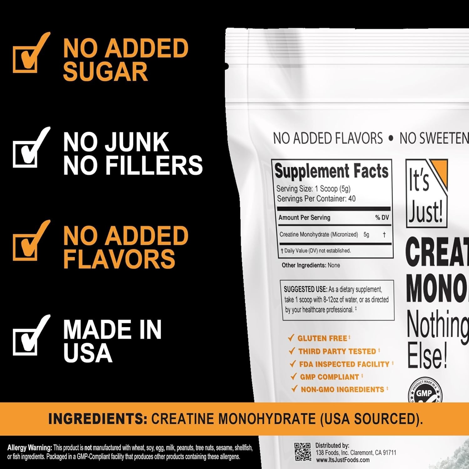 Unflavored Creatine Monohydrate, 200g – 3rd Party Tested, 100 servings Included