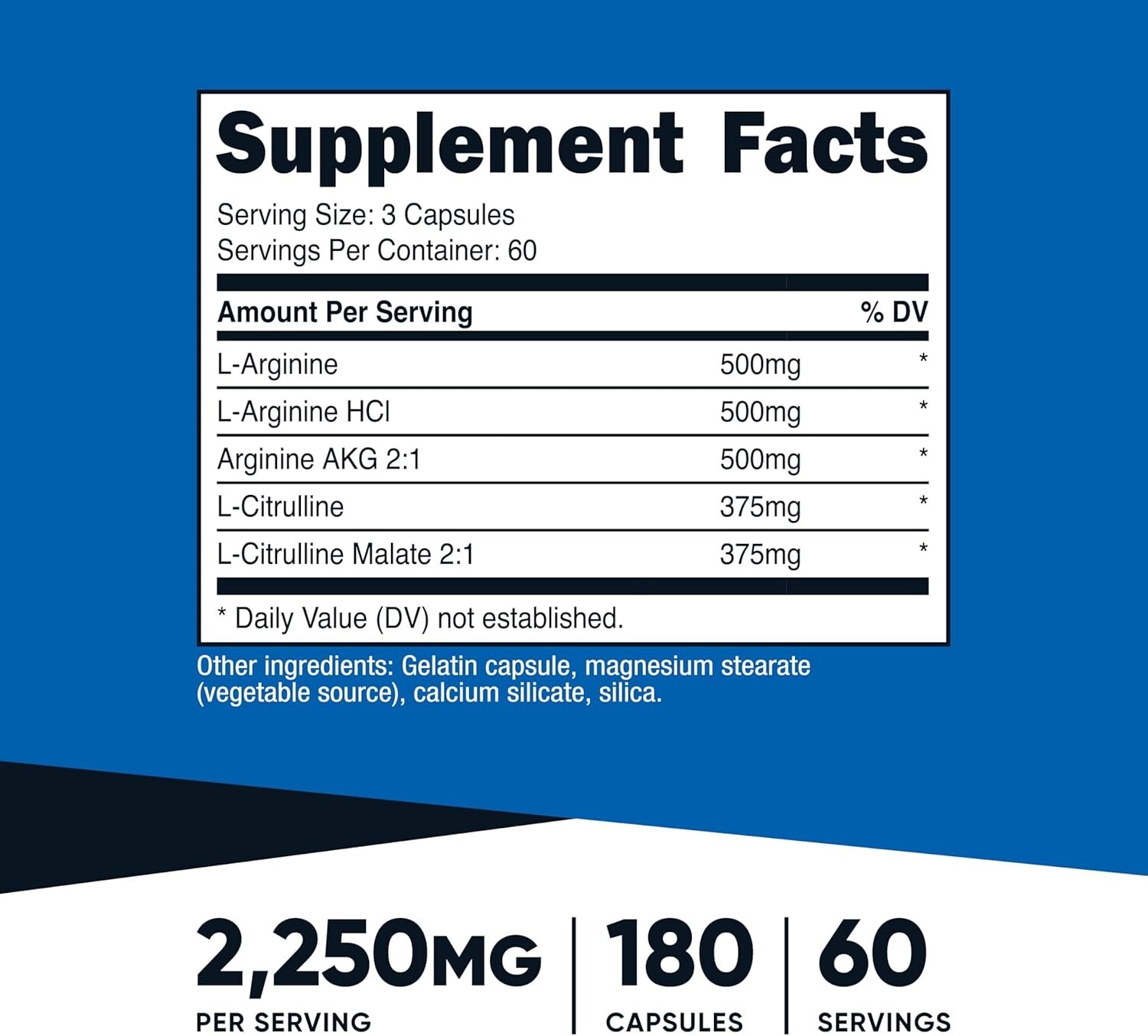 Vascular Health Support: Nitric Oxide Booster 2250mg in 180 Gluten-Free Capsules