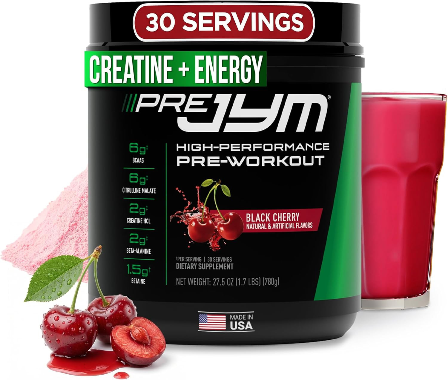 Pre JYM Black Cherry Pre Workout Powder for Men & Women, Bcaas, Nootropics, Crea