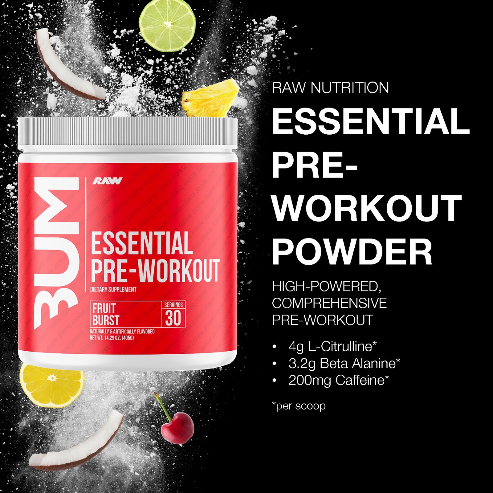 Fruit Burst Essential Pre Workout Supplement 30 Servings Energy Focus Power