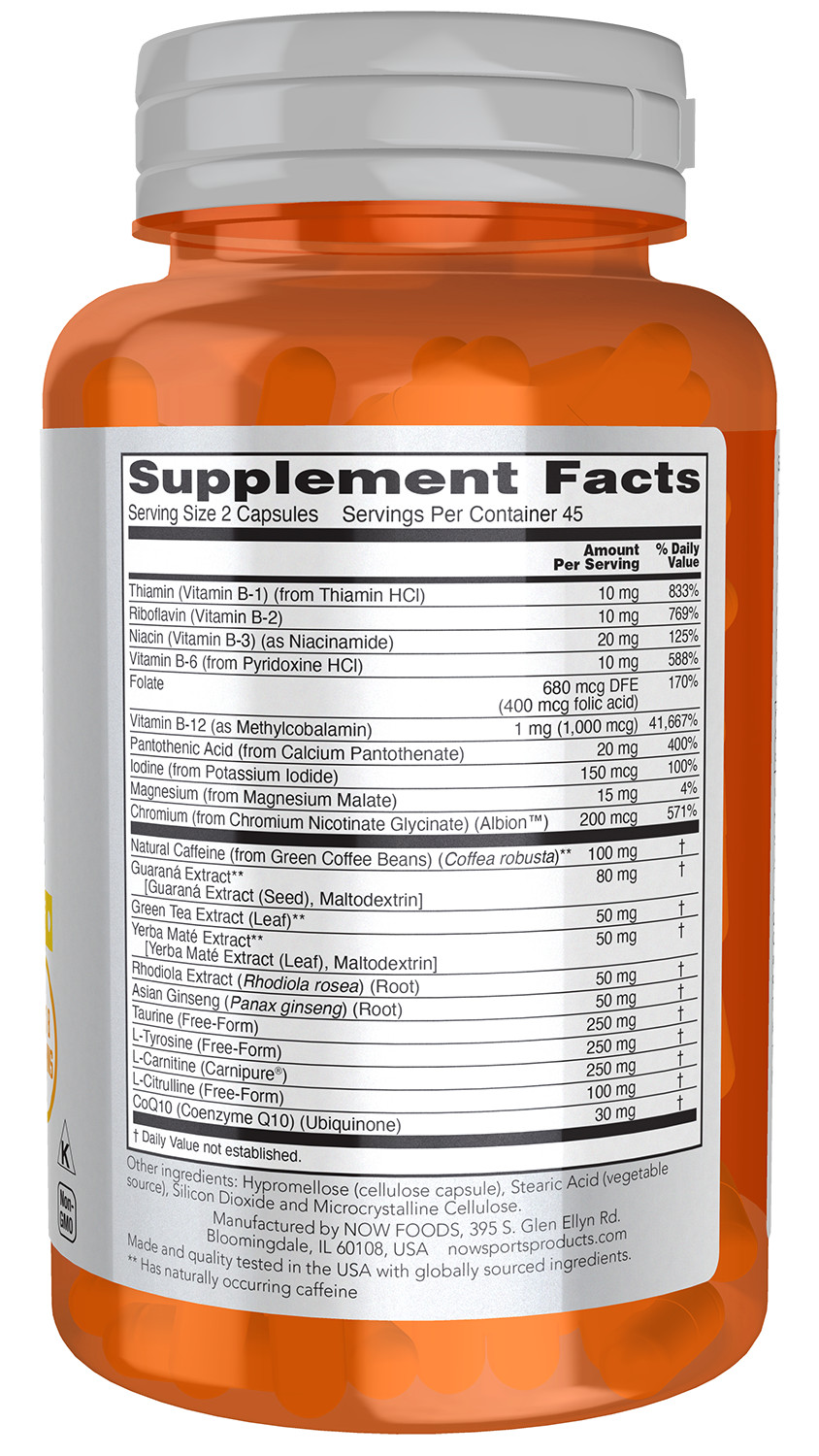 NOW Foods Sport Energy Extreme 90 Cap Magnesium Tyrosine Guarana Late Date July