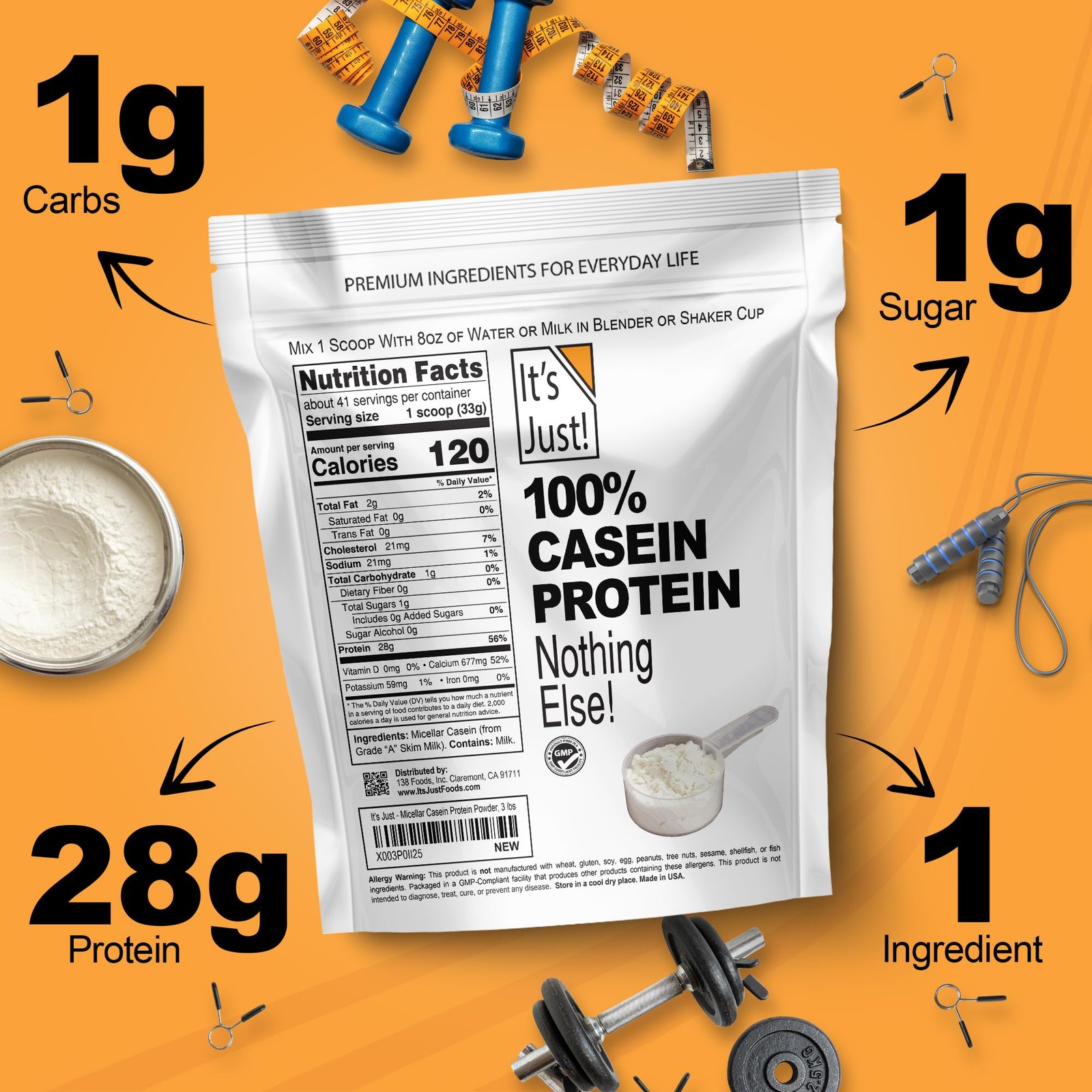 It’s Just! 100% Casein Protein Powder Made in USA Unflavored 1lb Slow Burning Ti