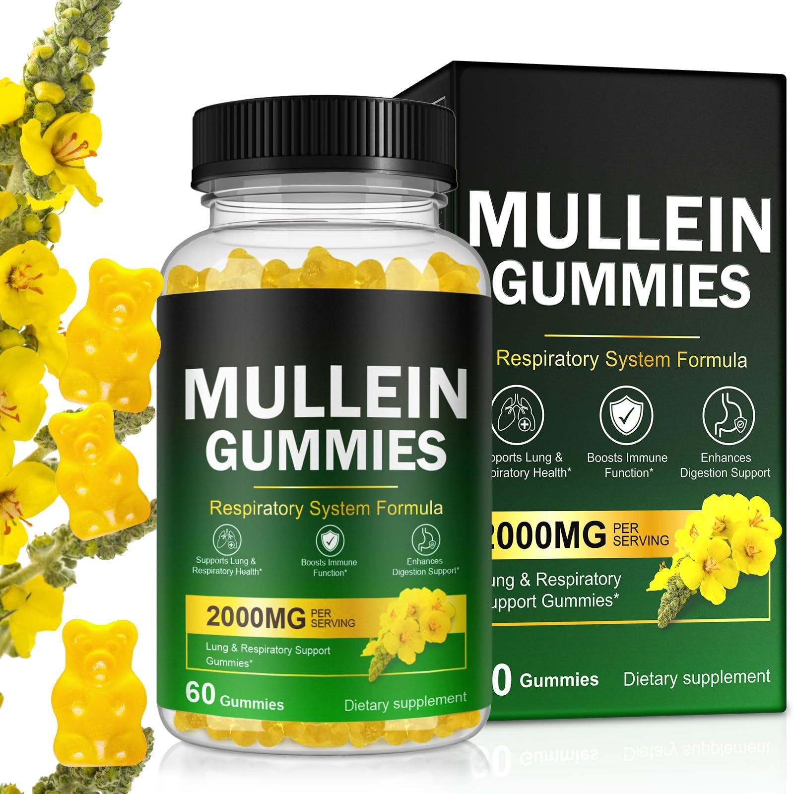 Mullein Gummies for Lung Detox, 2000mg Mullein Leaf Extract for Respiratory & Di