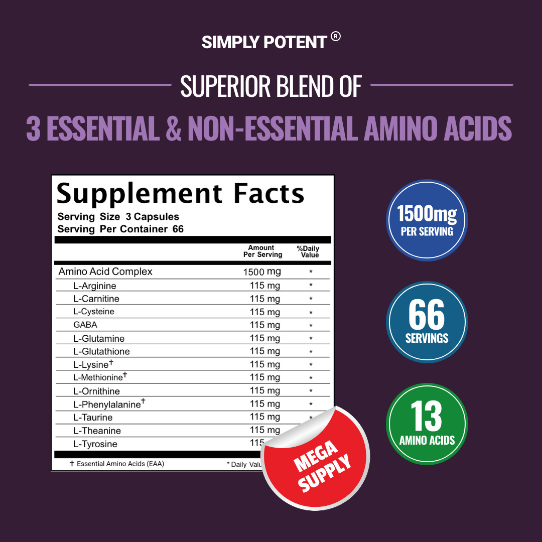 Amino Acid Complex 1500mg 200 Capsules – 13 Aminos with L-Arginine L-Glutathione