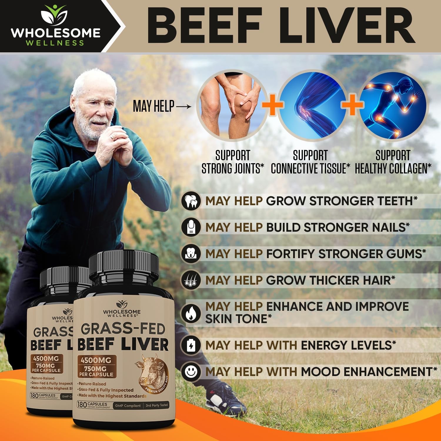 Wholesome Wellness Grass Fed Desiccated Beef Liver Capsules (180 Pills, 750mg Ea