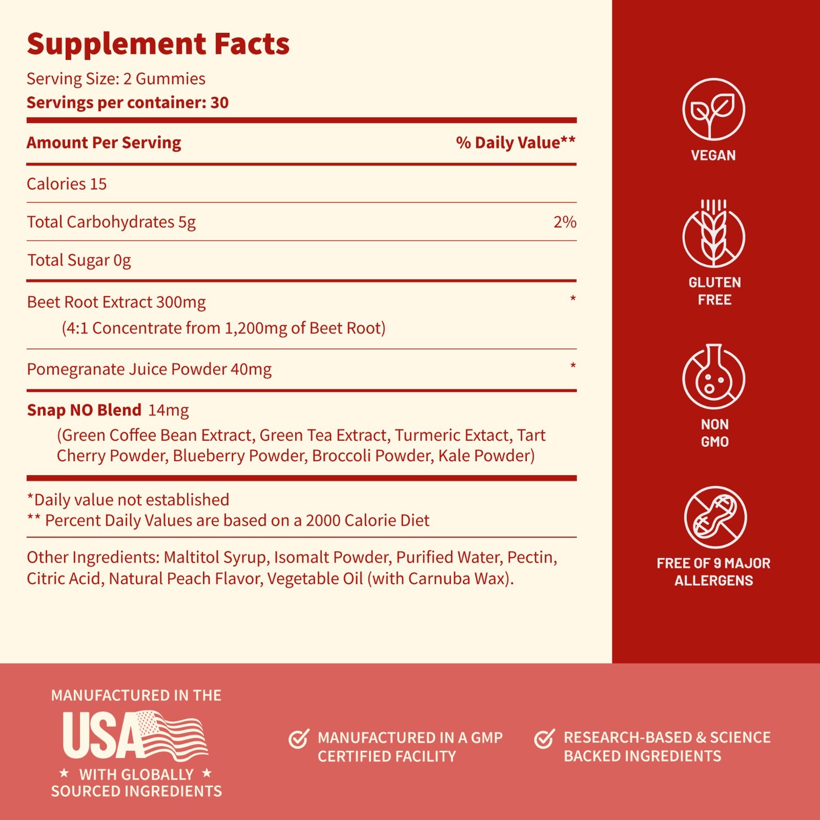 Snap Supplements Nitric Oxide Beet Root Gummies SF, Cherry & Peach, Heart Health