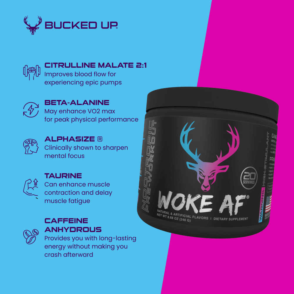 Bucked Up Woke AF Pre-Workout Powder, Increased Energy, Miami, 333mg Caffeine