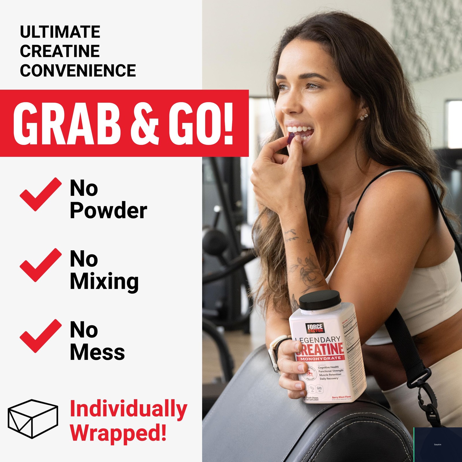 Creatine Monohydrate Chews Supplement 5g 60 Count Berry Blast Sugar-Free