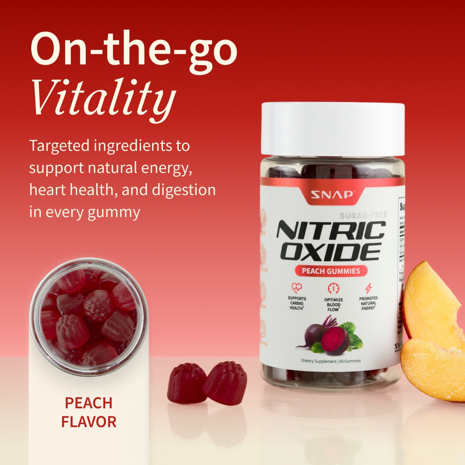 Snap Supplements Nitric Oxide Beet Root Gummies SF, Cherry & Peach, Heart Health