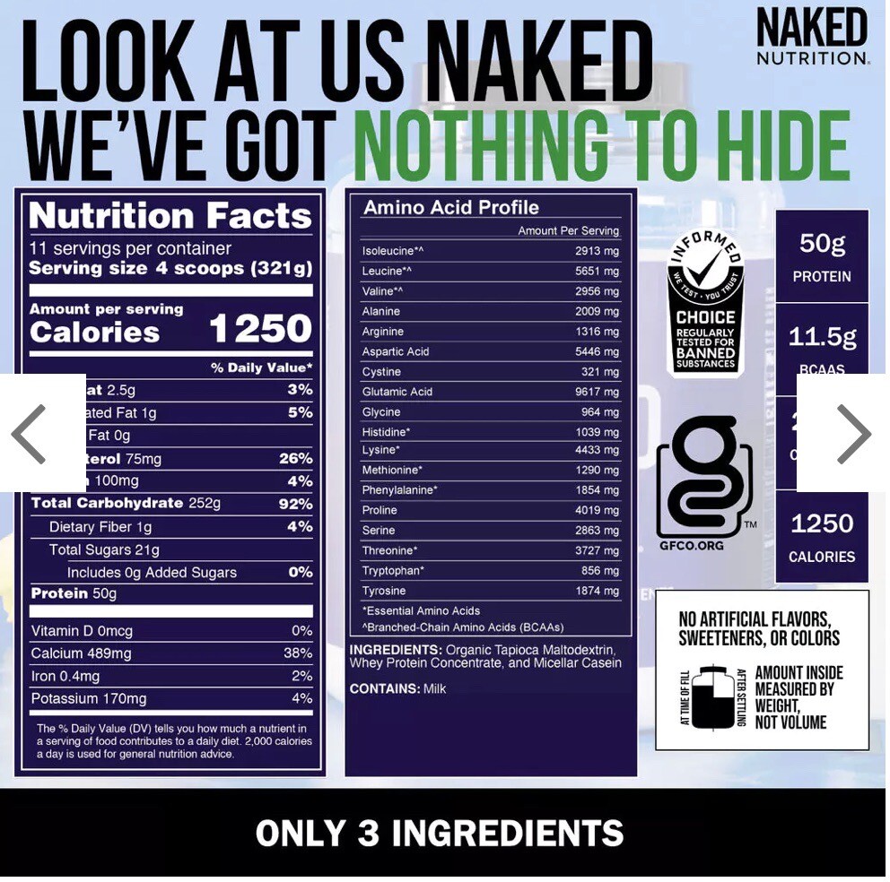Naked Nutrition CHOCOLATE WEIGHT GAINER Mass-8lb Bulk GMO And Gluten Free