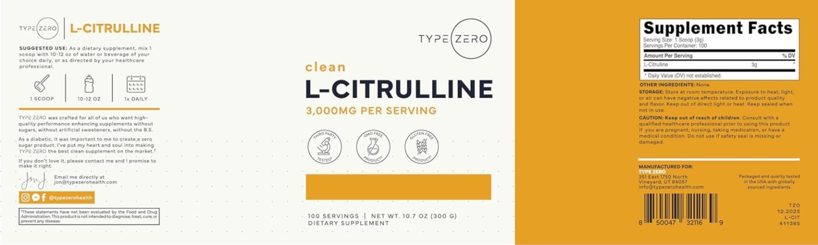 High-Quality L-Citrulline Base Powder – 3,000mg, Gluten-Free, 100 Servings