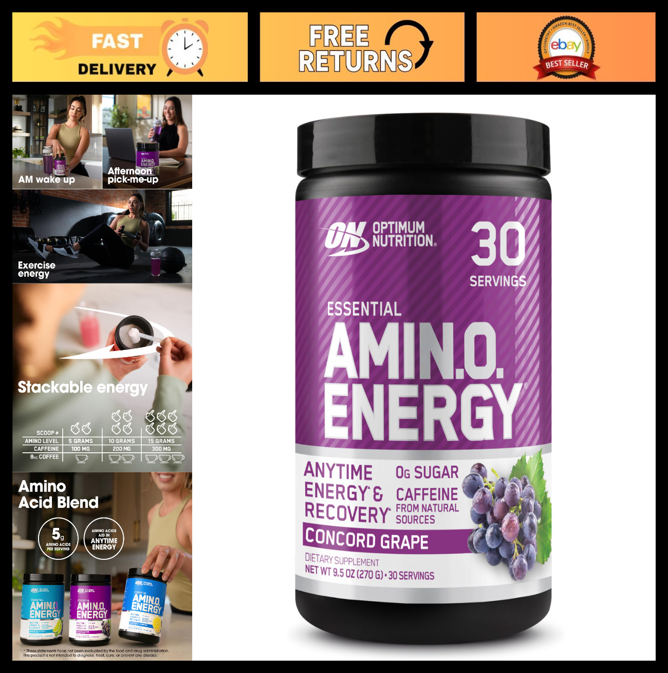 Amino Energy Powder – Pre Workout with BCAA, Green Tea & Coffee Extract, Keto, 3