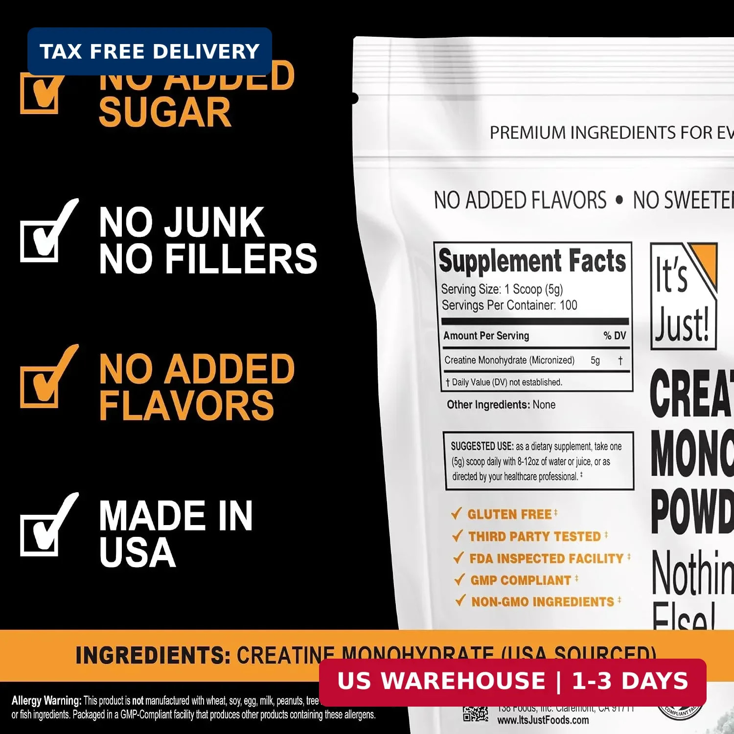 It’s Just! – Creatine Monohydrate Powder, Pure Creatine Powder, Made in USA, 3rd