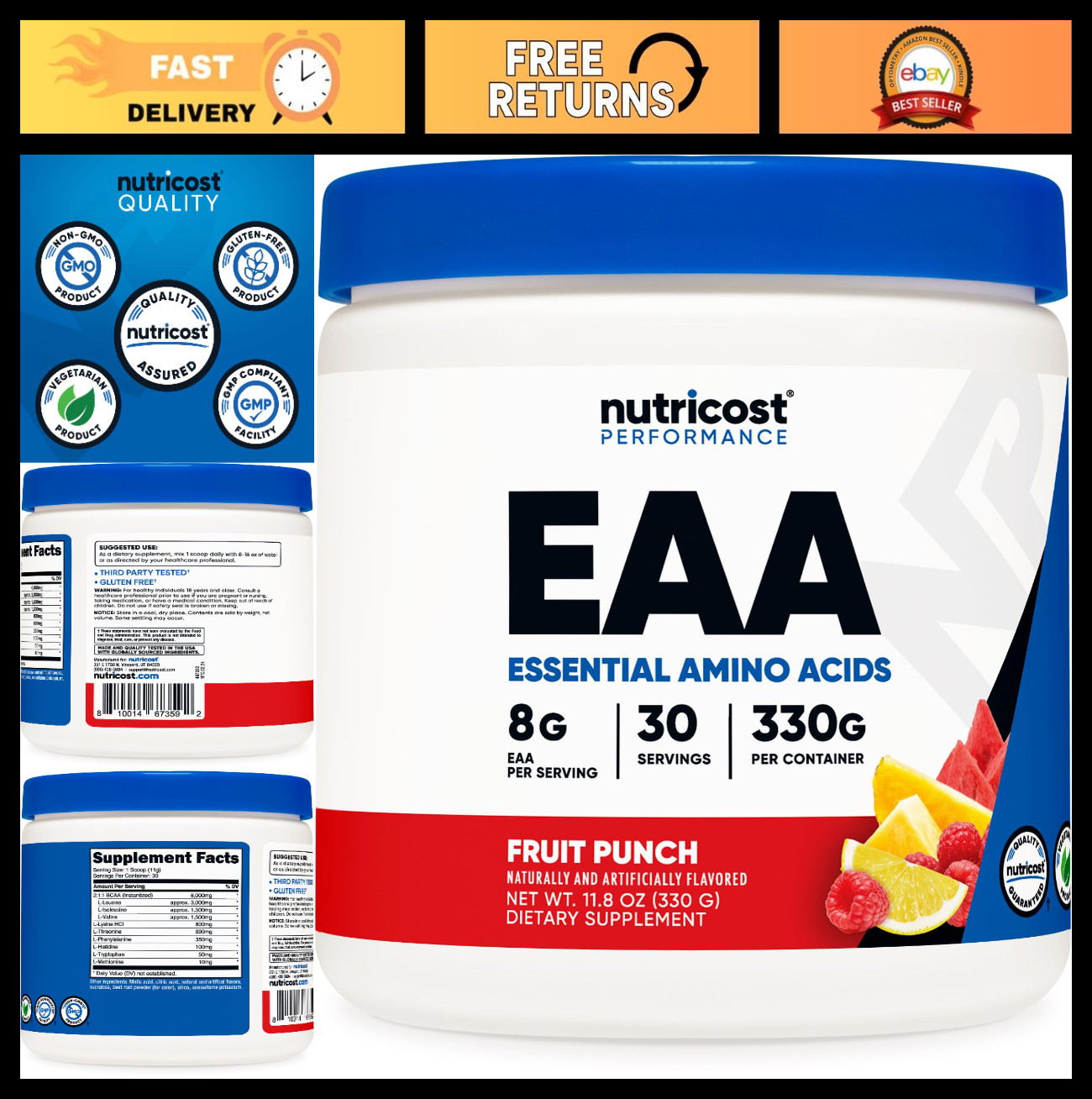 Essential Amino Acids EAA Powder – 30 Servings Fruit Punch, Non-GMO, Gluten Free