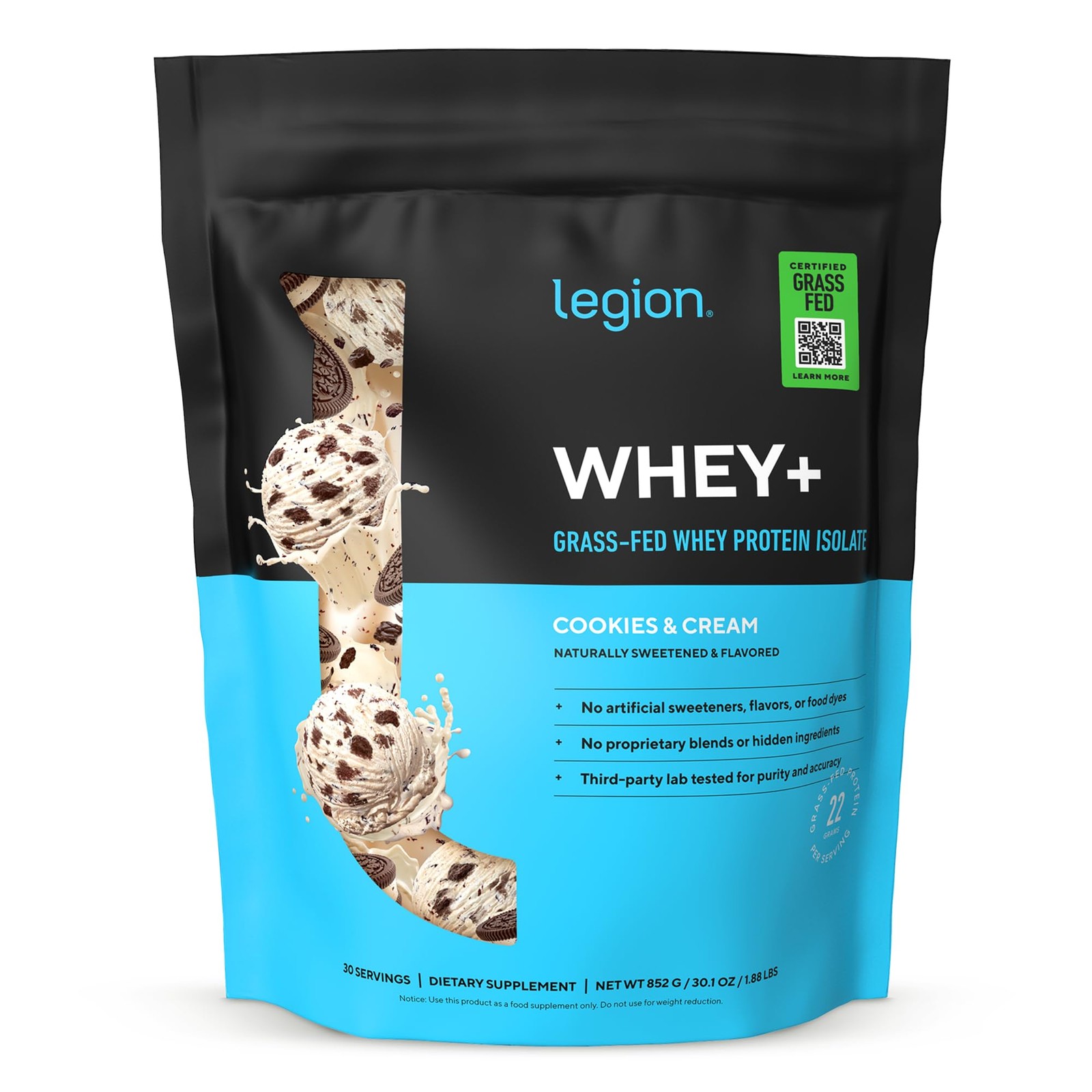 LEGION Whey+ Protein Whey Isolate from Grass Fed Cows Cookies & Cream, 30 Ser…