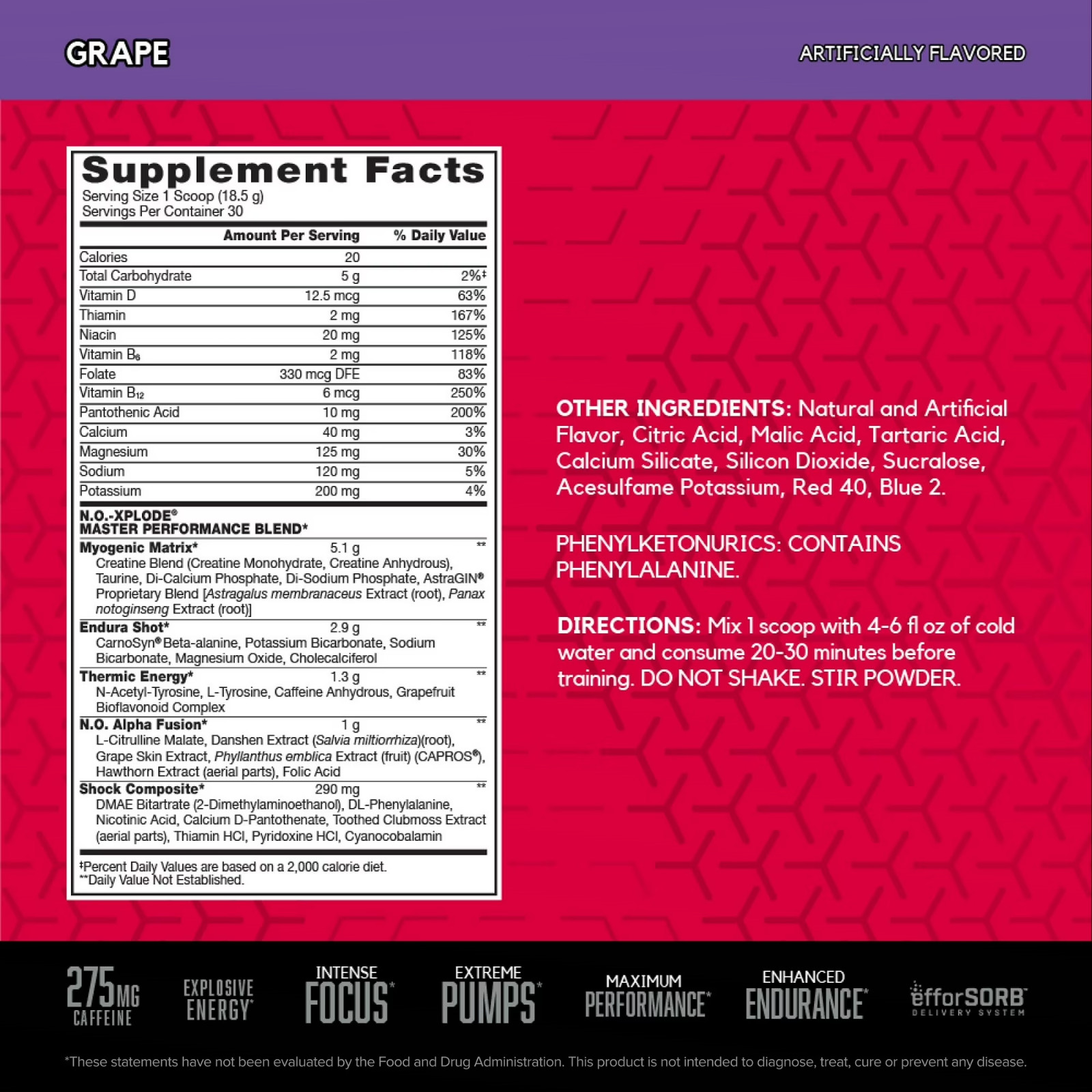 BSN N.O.-XPLODE Pre Workout Powder Grape Energy Focus Endurance 30 Servings
