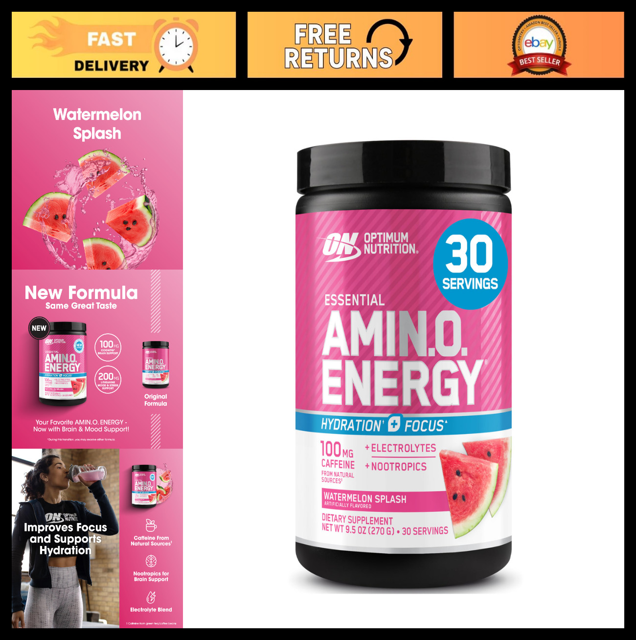 Amino Energy Powder with BCAAs, Electrolytes & Caffeine – Watermelon Flavor, 30