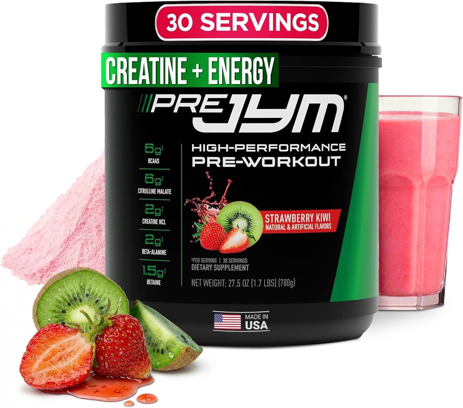 Pre JYM Strawberry Kiwi Pre Workout Powder – Bcaas, Nootropics, Creatine HCI, Ci