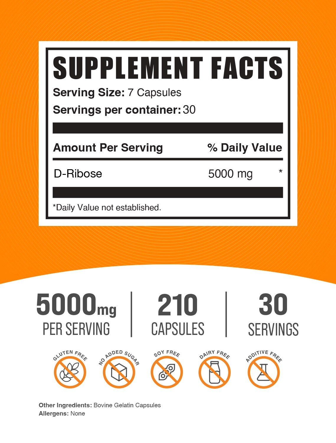 BulkSupplements D-Ribose 210 Capsules – 5g Per Serving