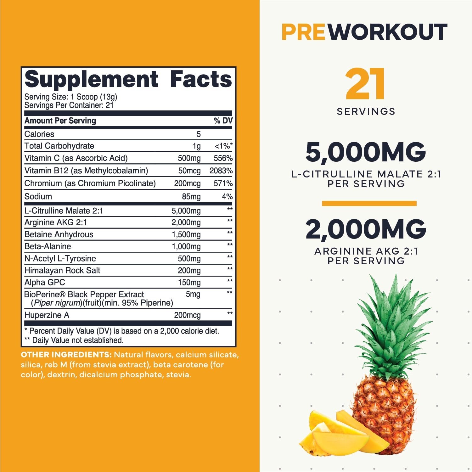 Stim-Free Pre Workout Powder – Pineapple Mango, 21 Servings | Nitric Oxide Boost