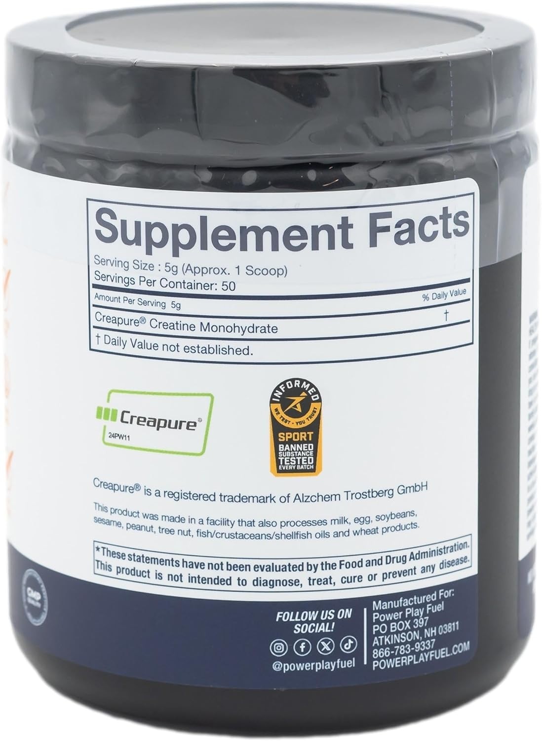 Power Play Fuel CREATINE Monohydrate Powder, Non-GMO, Vegan – Unflavored – 250g