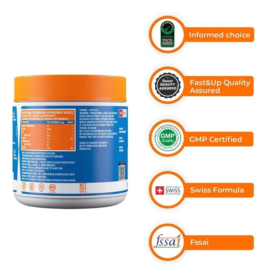 Fast&Up Creatine Monohydrate Supports Muscle Endurance & Provides Energy, 250 gm