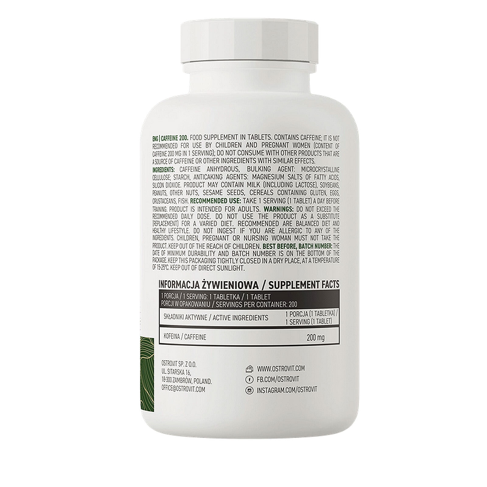OSTROVIT CAFFEINE 200- Energy Pill Endurance Focus Performance Fat Loss Burner