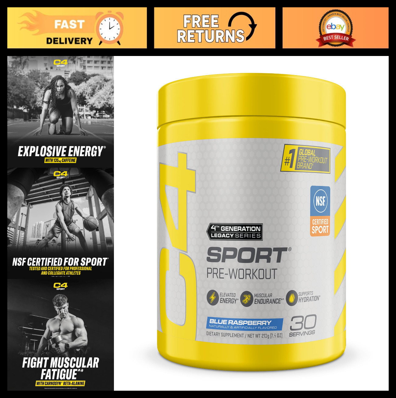 Pre Workout Powder Blue Raspberry – Energy Boost, Creatine, 135mg Caffeine, Beta