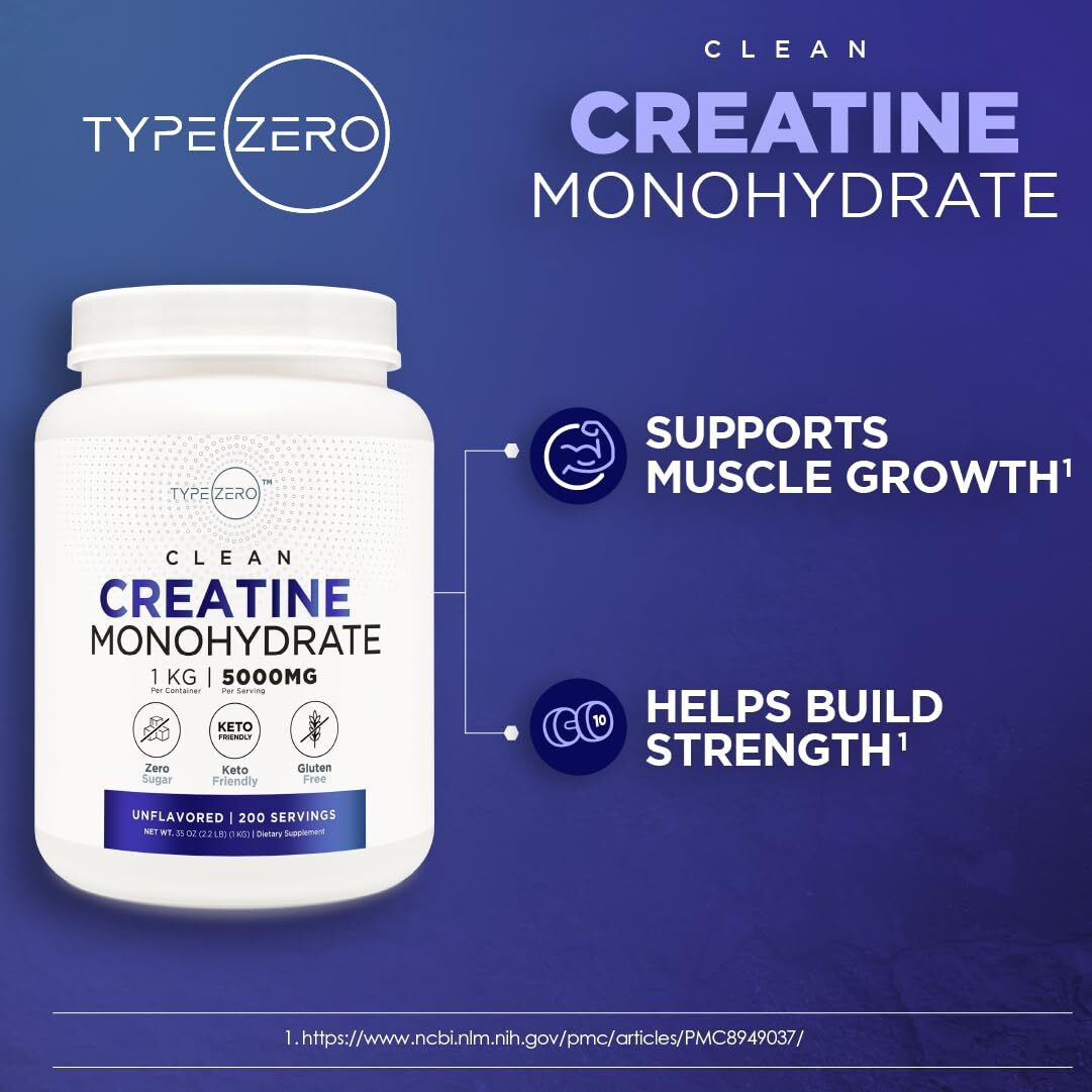 Type Zero Creatine Monohydrate Unflavored 1 KG 5000mg 5g Per Serving Microniz…