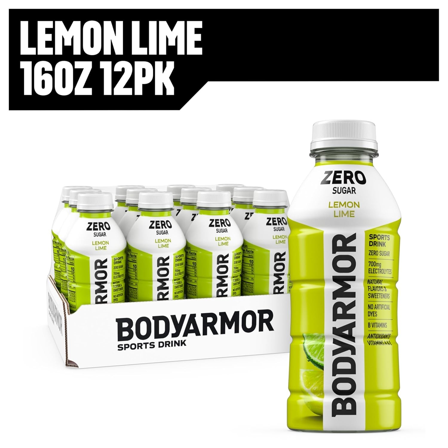 BODYARMOR ZERO Sugar Lemon Lime, Free Sports 16 Ounce (Pack of 12)