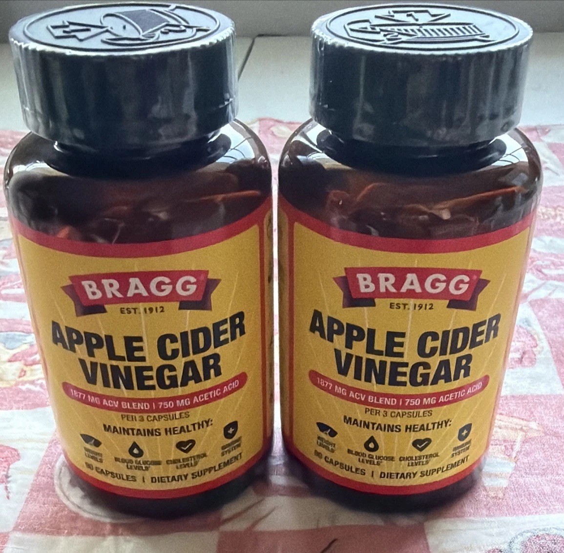 2X BRAGG Apple Cider Vinegar 90 Capsules Ea 750 Mg Acetic Acid Exp 07/11/2027
