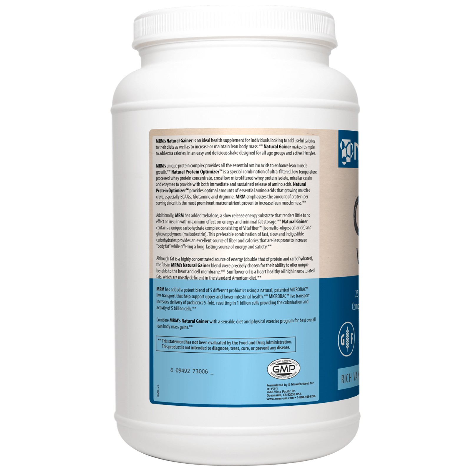 MRM Gainer With Probiotics Rich Vanilla 3 3 lbs 1512 g All-Natural, Gluten-Free,