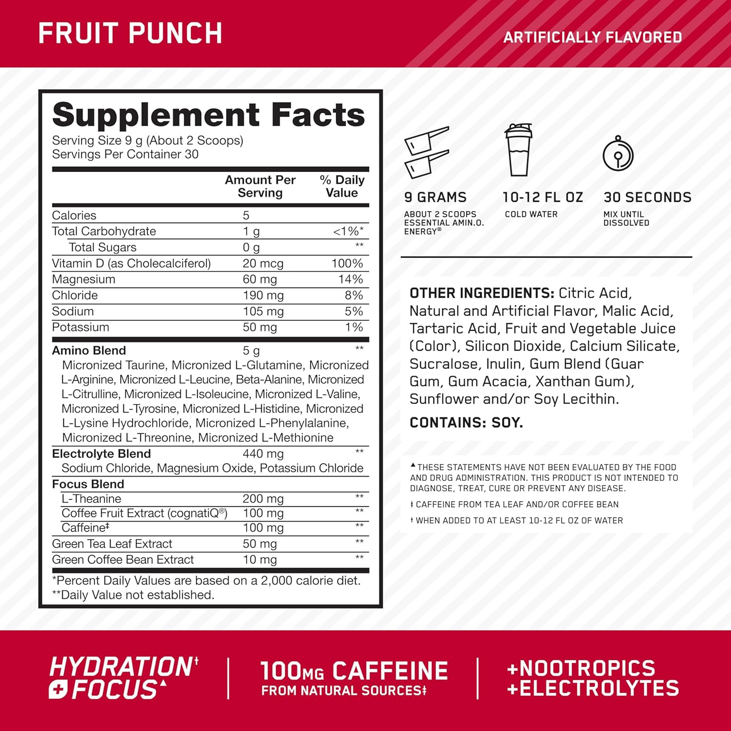 Optimum Nutrition Amino Energy Powder plus Focus, BCAA, Electrolytes, FruitPunch