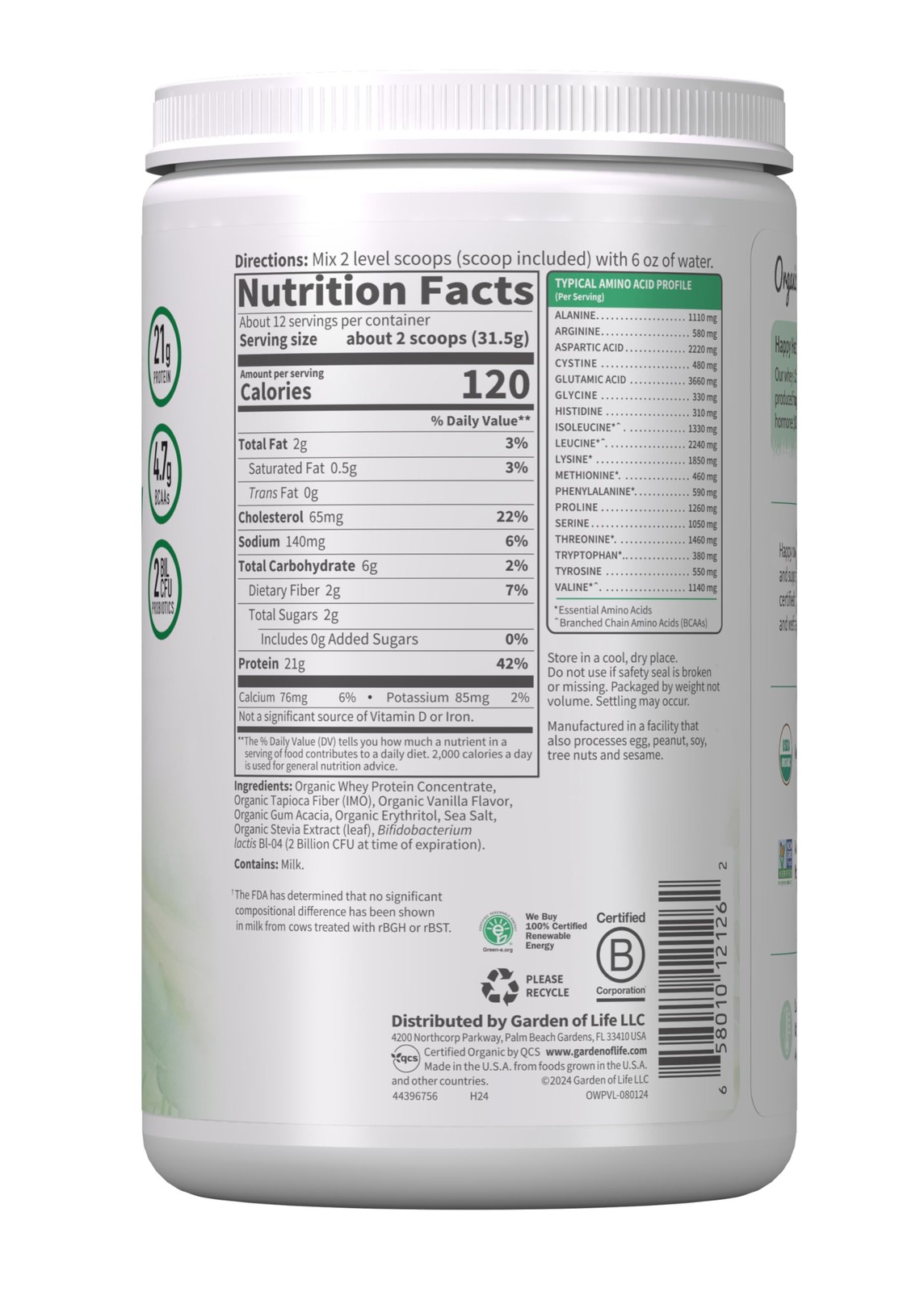 Garden of Life Grass Fed Whey Protein Powder Vanilla – 21g Protein for Women & M