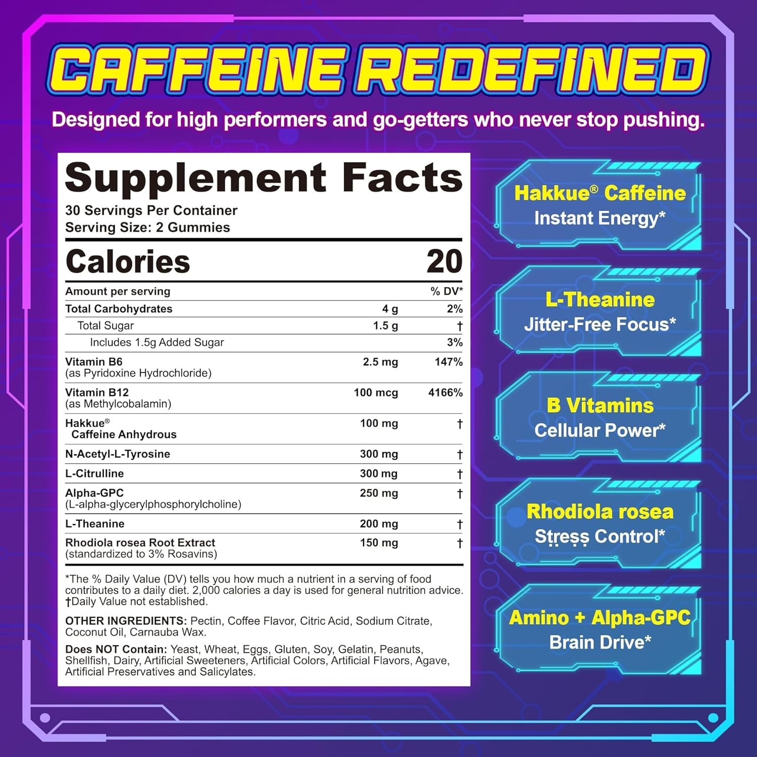Energy & Focus Gummies with 100mg Caffeine Anhydrous for Gamers, Workers, etc