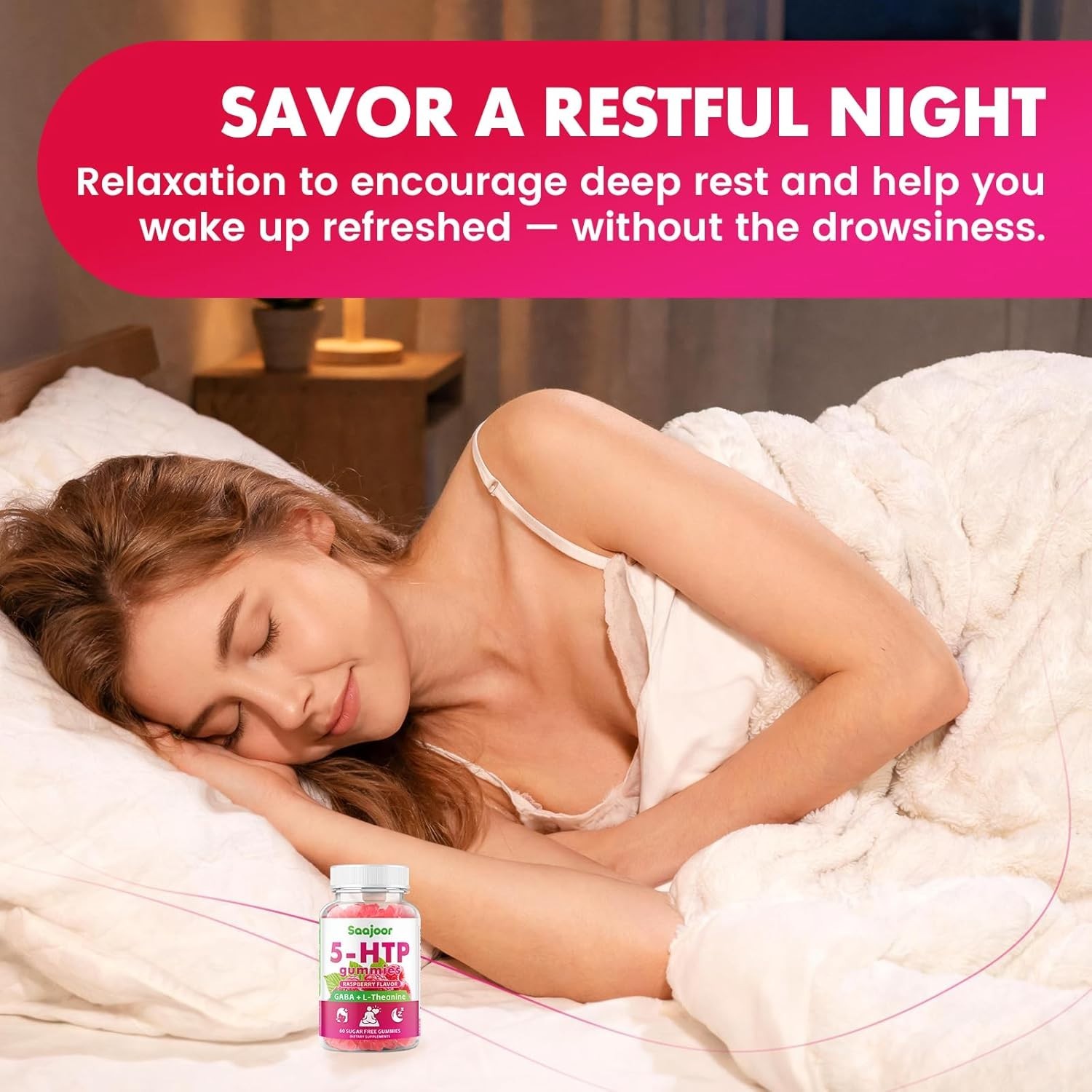Saajoor 5-HTP 300mg Gummies with GABA+L-Theanine & Vitamin D3, Circadian Support