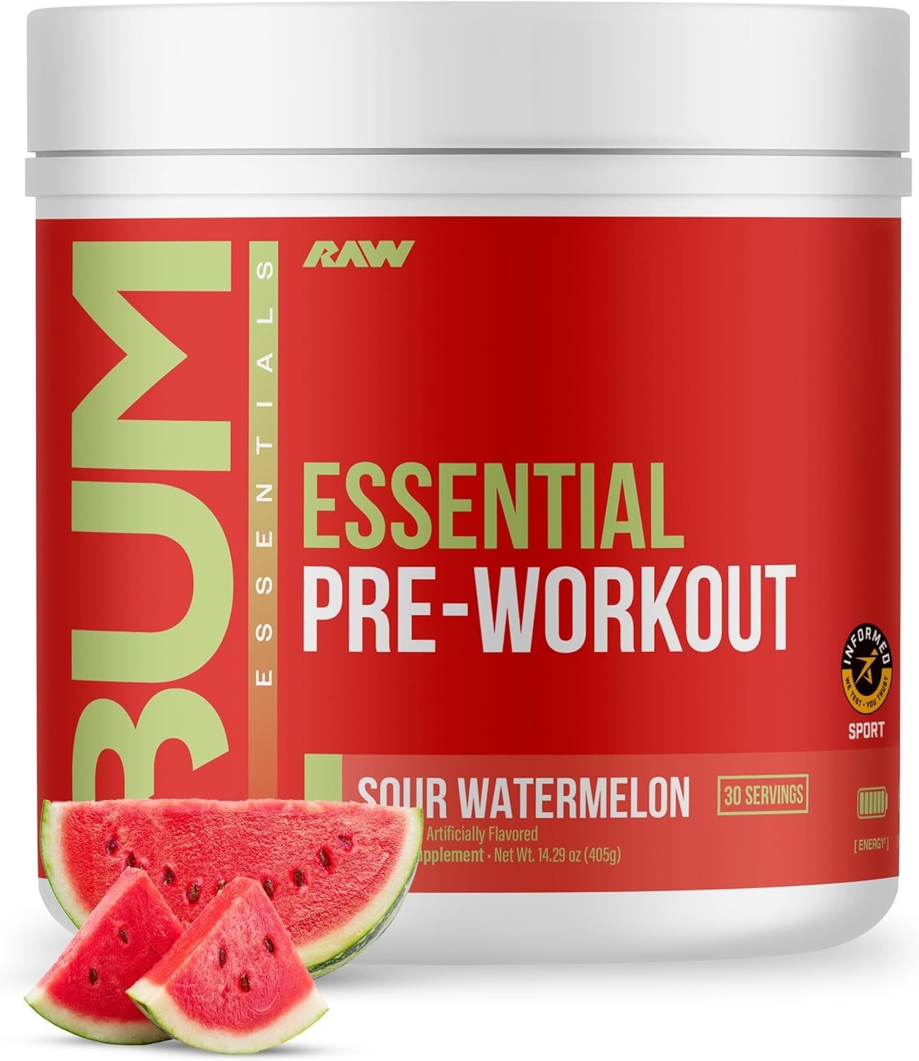 RAW Essential Pre-Workout Powder Sour Watermelon 14.29oz EXP 02/2028 NEW