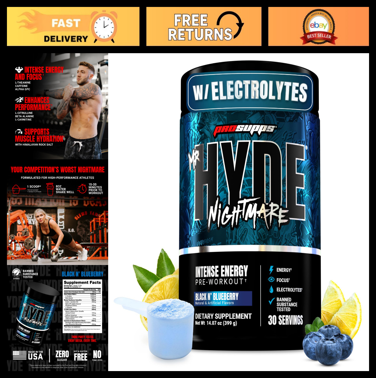 Intense Energy Pre Workout Powder with Caffeine & Beta Alanine – 30 Servings, Bl