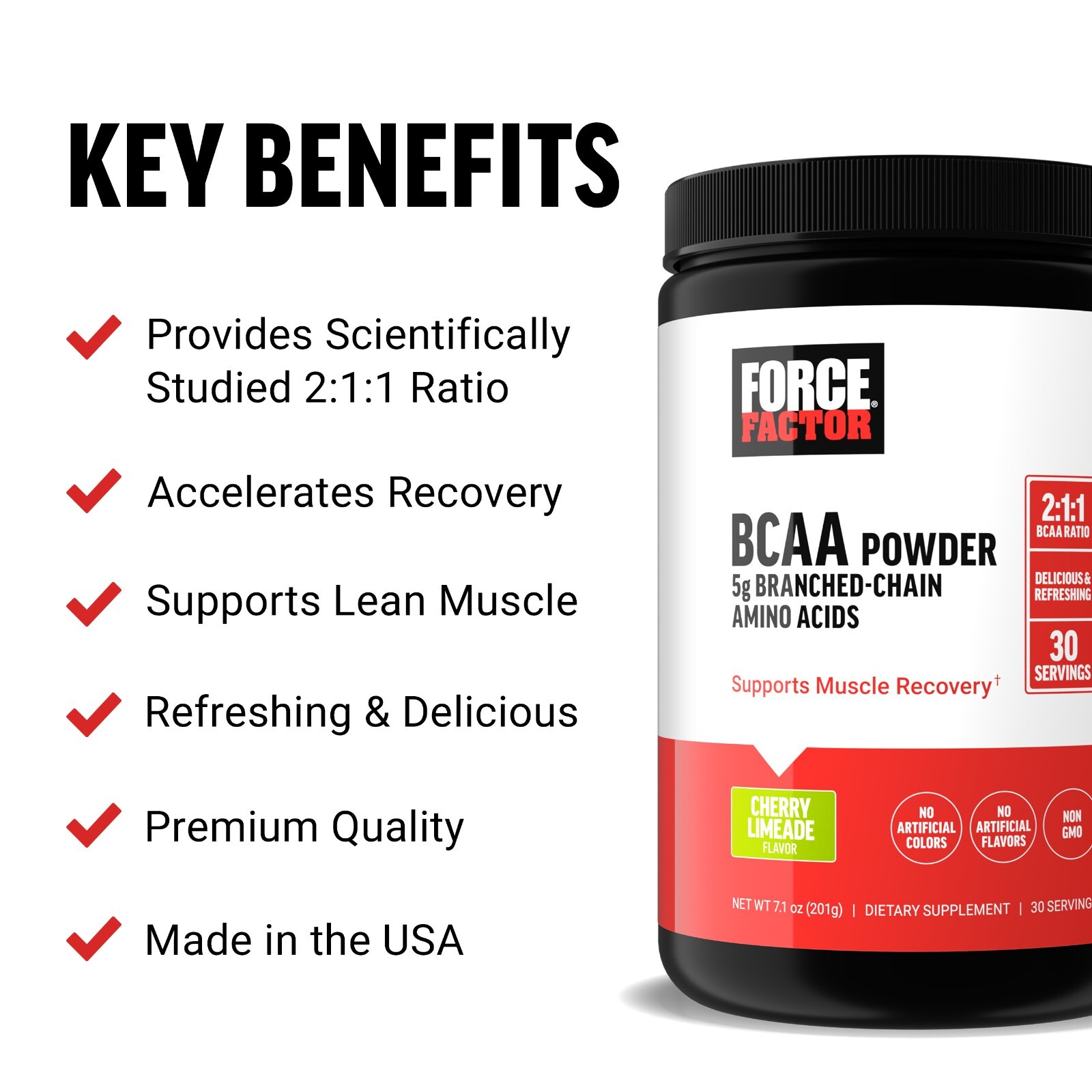 FORCE FACTOR BCAA Powder 2:1:1 ratio, Amino Acid Supplement, 30 Servings