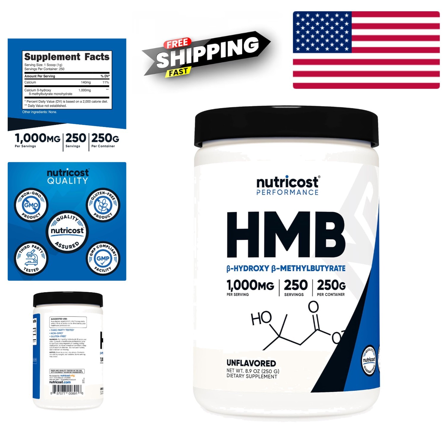 250g Beta-Hydroxy HMB Powder – Unflavored, Muscle Recovery Supplement