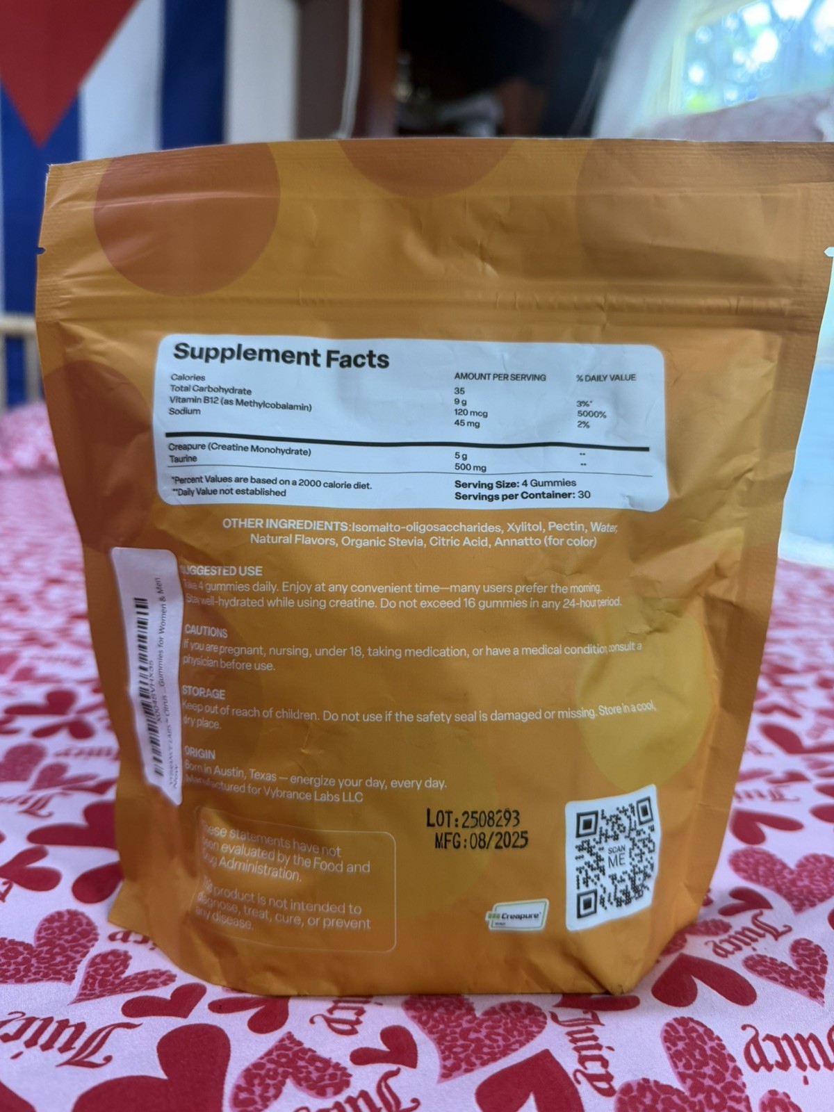 VYBRANCE LABS Creatine Monohydrate Gummies 5g + B12 Taurine Citrus Mango