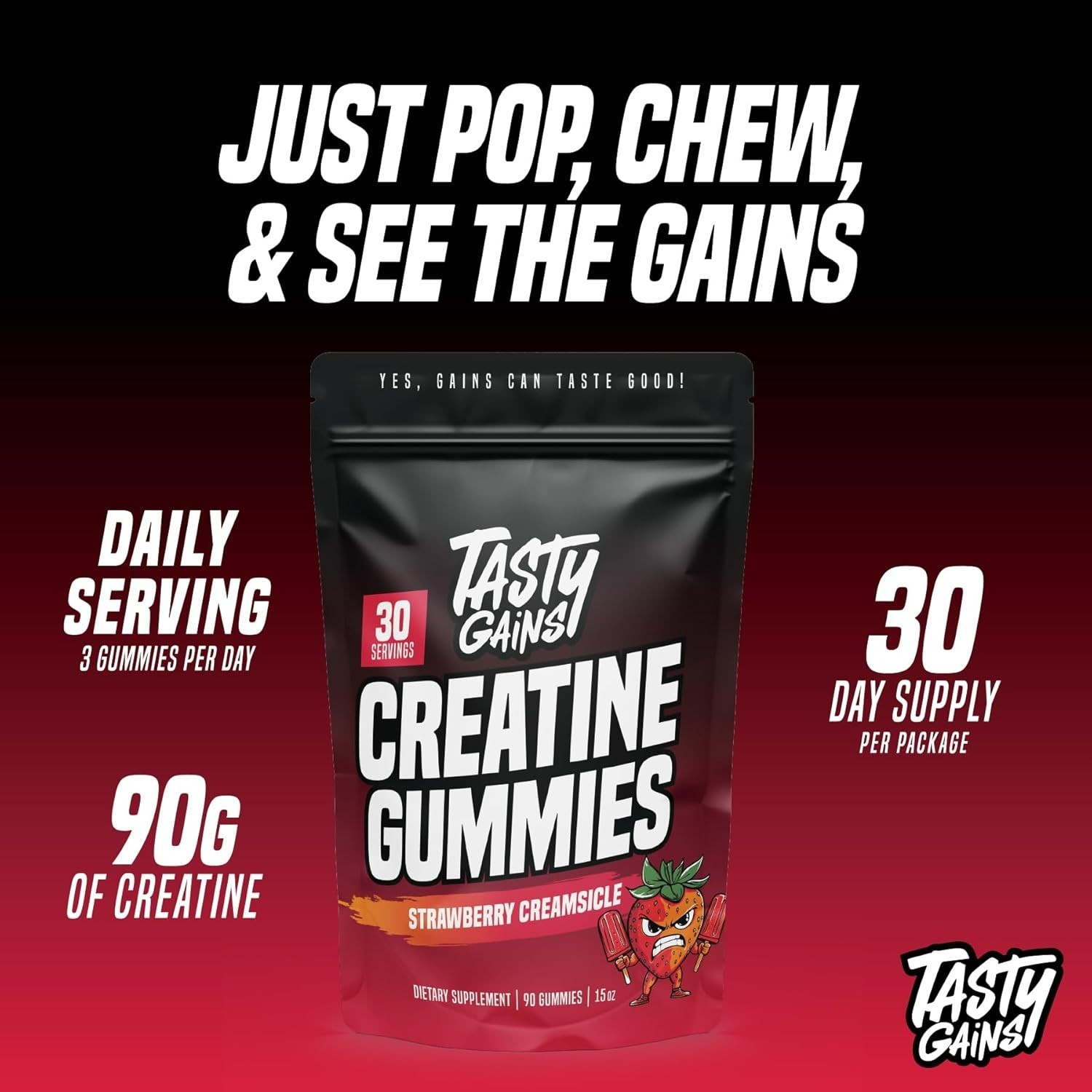 TASTY GAINS Creatine Gummies 90g Creatine Monohydrate Strawberry – 90 Gummies