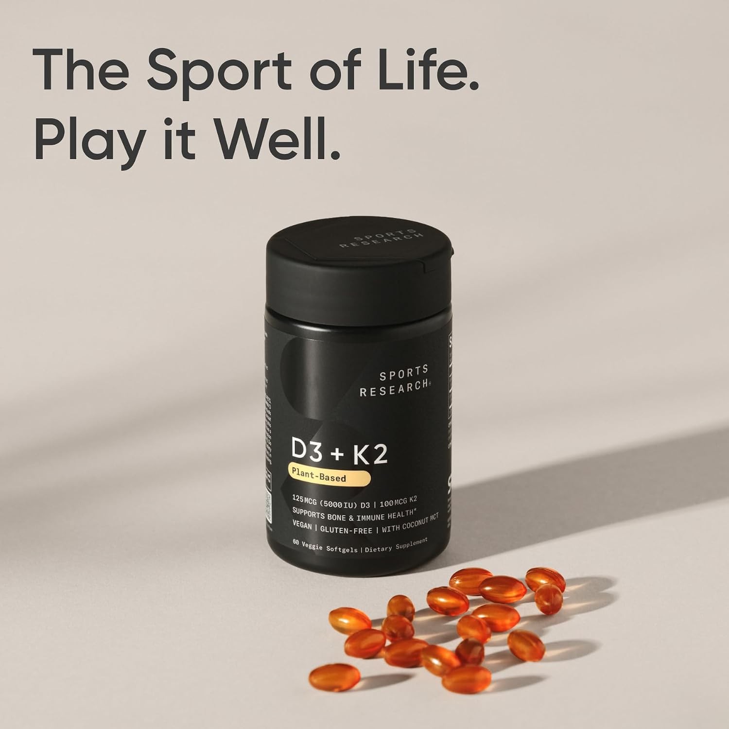 Sports Research Vegan Vitamin D3 K2 5000IU 60 Plant gels Non-GMO Soy-Free