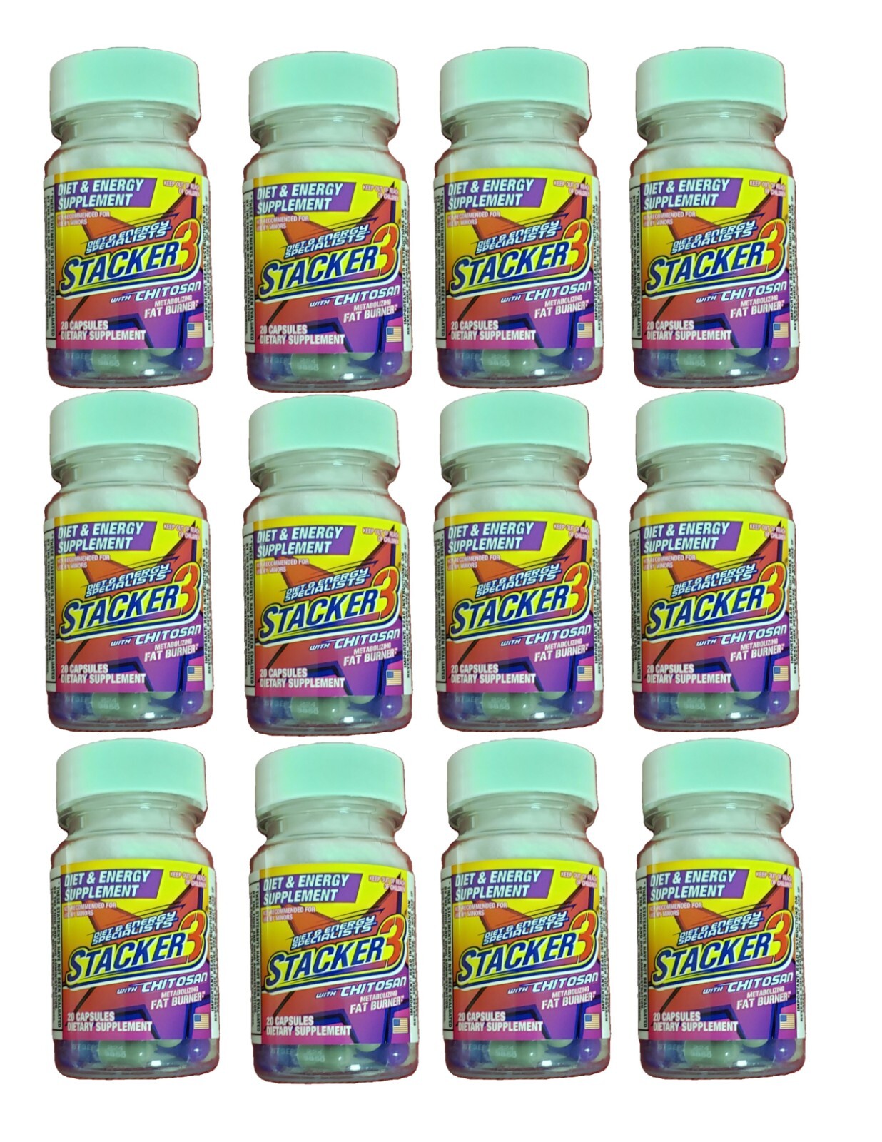 Stacker 3 Diet & Energy 12 Bottles of 20ct Bottle (Lot of 12) = 240 Capsule