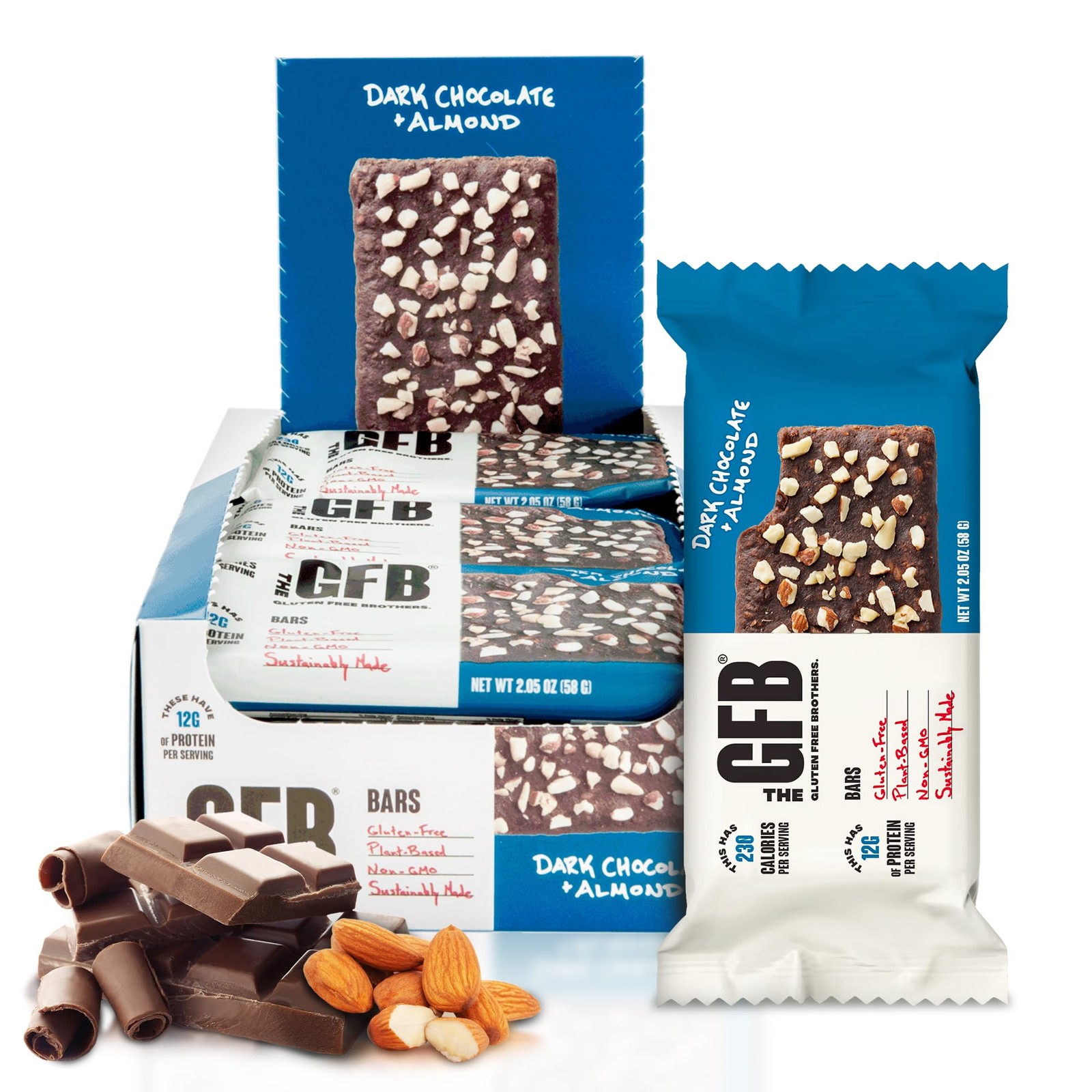 GFB Dark Chocolate Almond Protein Bars – Gluten Free, Plant Based, Non-GMO, 12-P