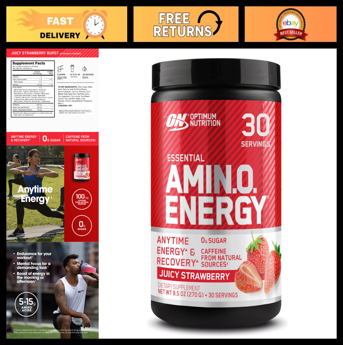 Amino Energy Powder – Pre Workout with BCAA, Green Tea & Coffee Extract, Keto, 3
