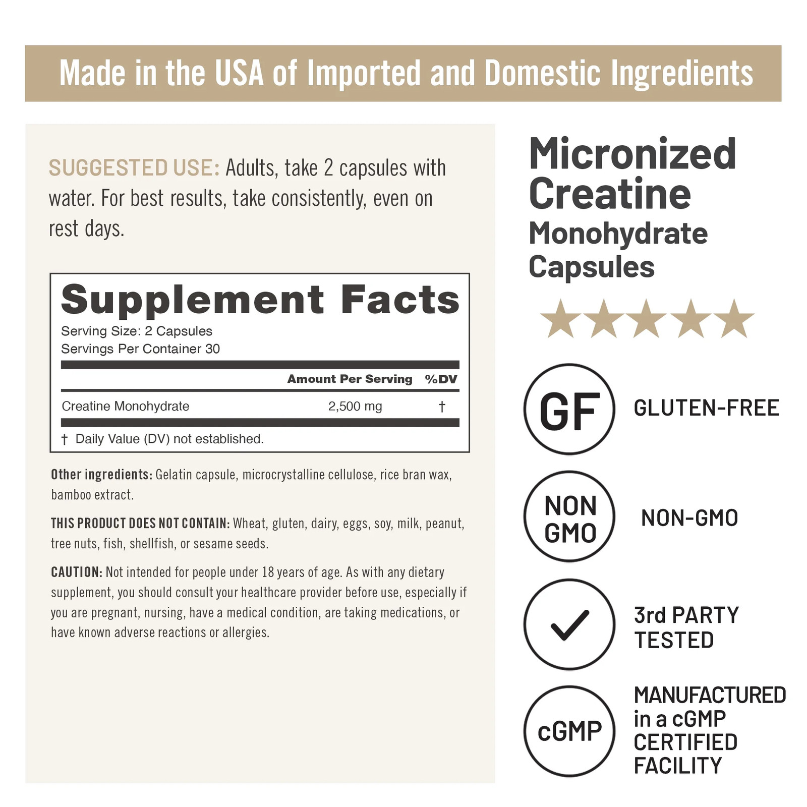 Micronized Creatine Monohydrate Pills 2500Mg – 60 Capsules[30-Day Supply]