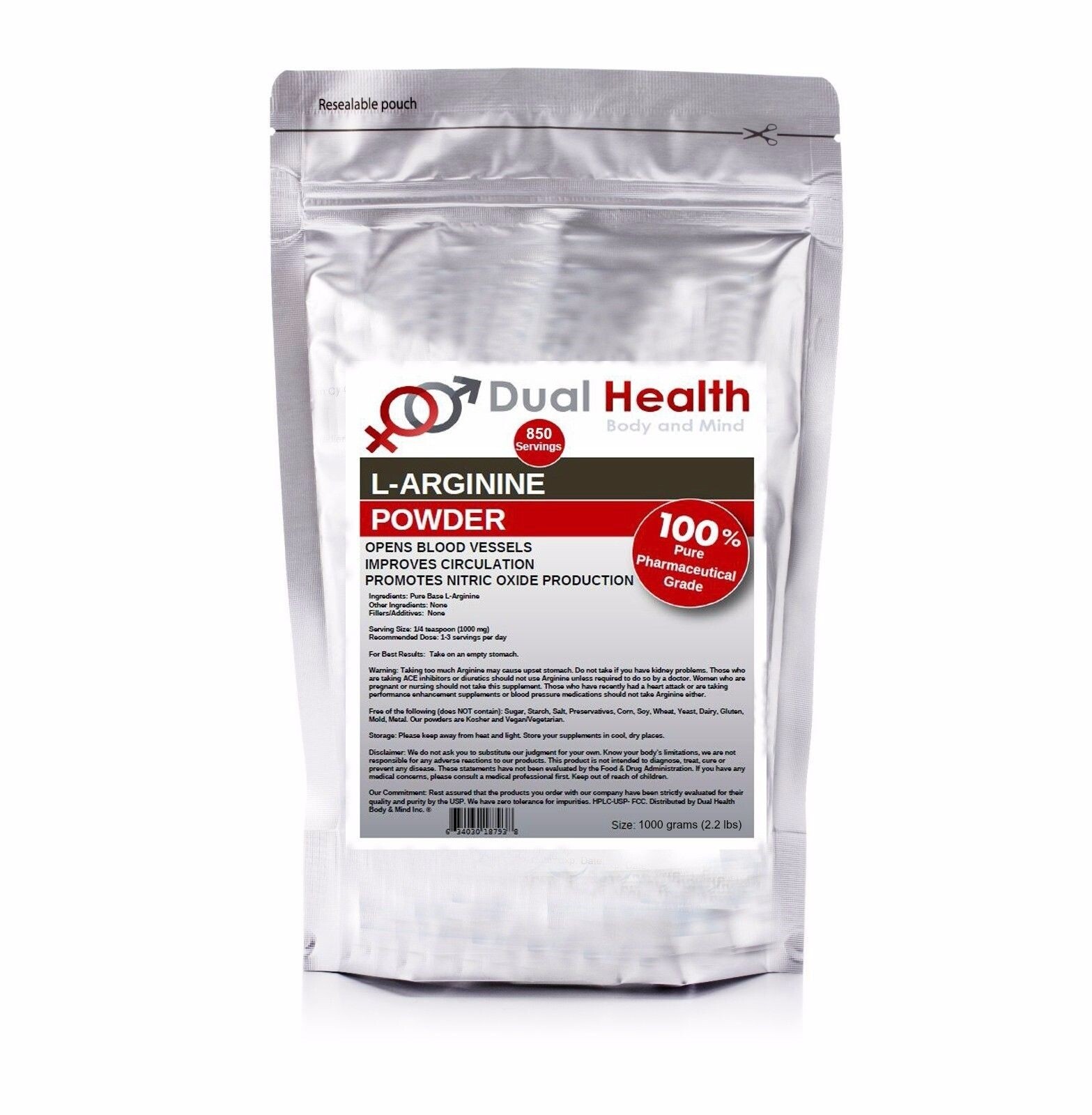 L-ARGININE 1000g (2.2 lbs) Free Form Kosher Base Powder Pharmaceutical Grade