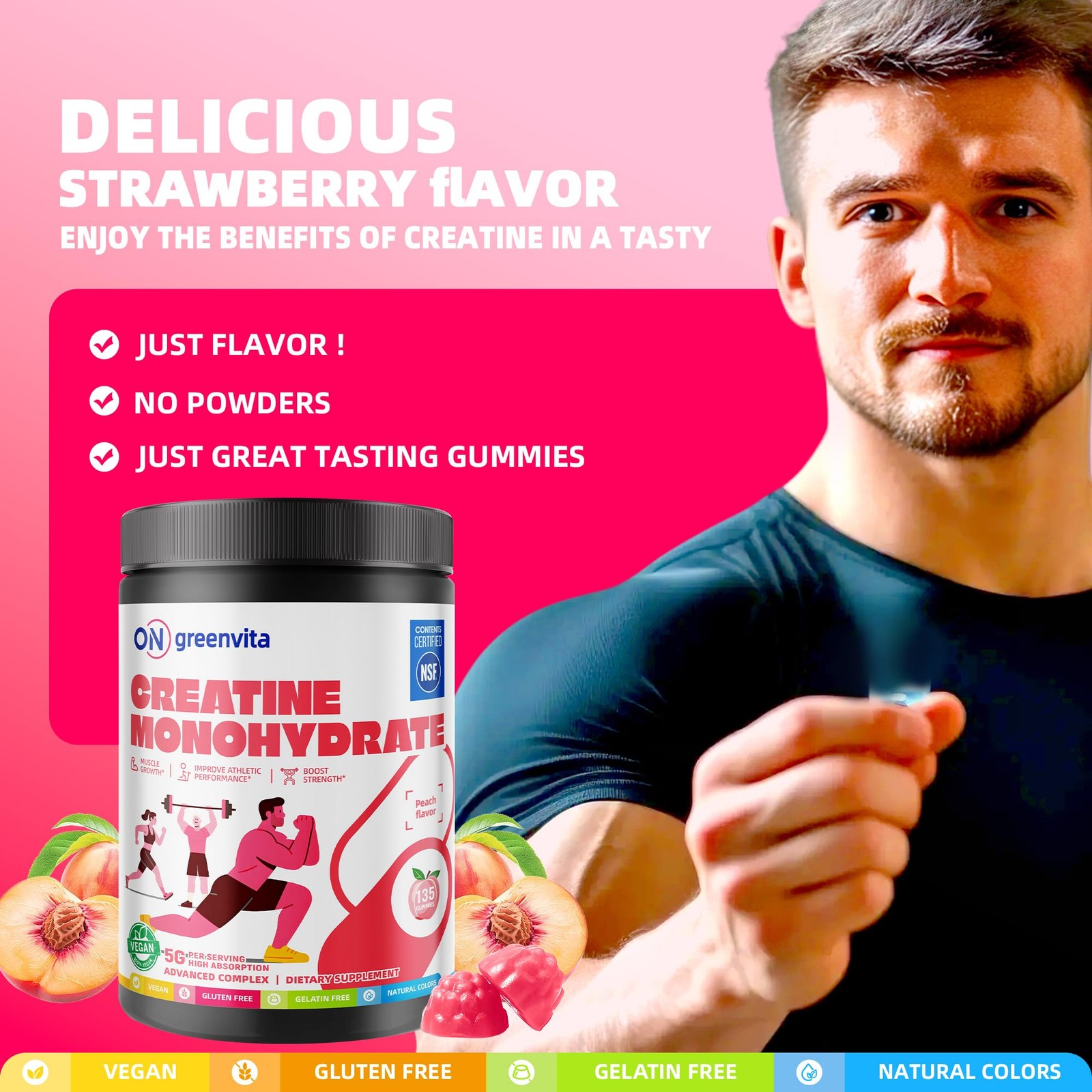 Creatine Monohydrate Gummies, NSF Certified Creatine Gummy, 5g Dose for Men a…