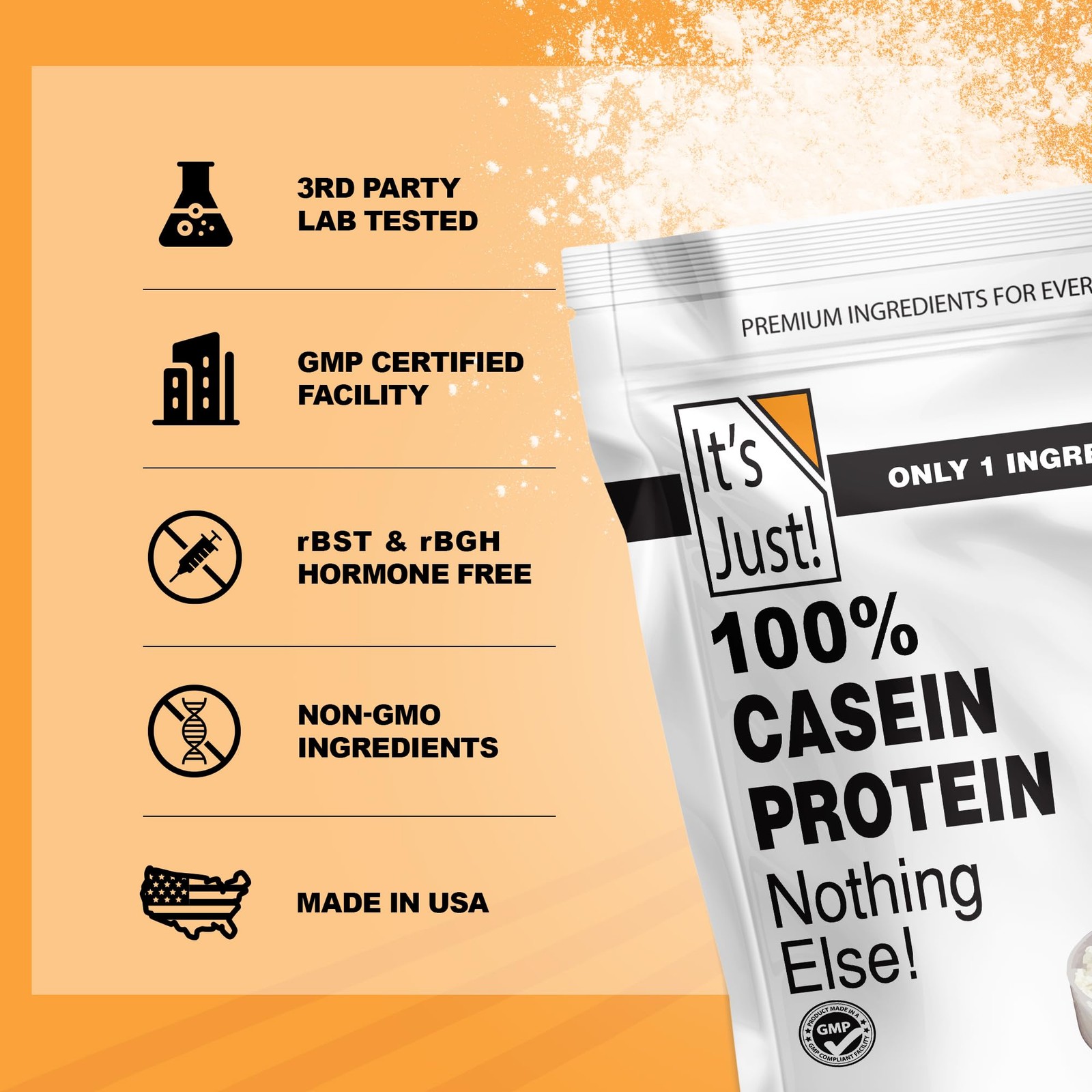 It’s Just! 100% Casein Protein Powder Made in USA Unflavored 1lb Slow Burning Ti